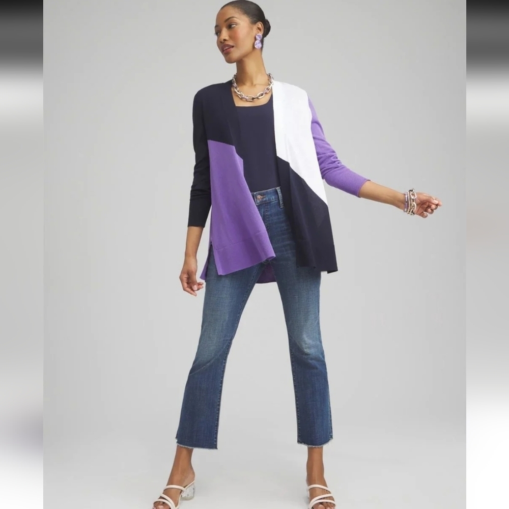 Chicos Ella Colorblock Open Front Long Sleeve Cardigan NWOT